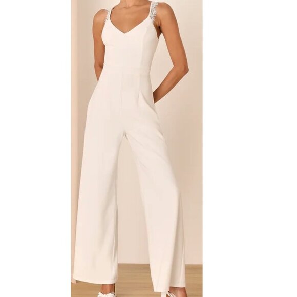Lulus Love Your Heart Ivory White Lace Wide-Leg Jumpsuit Size XS NWOT - Picture 7 of 12